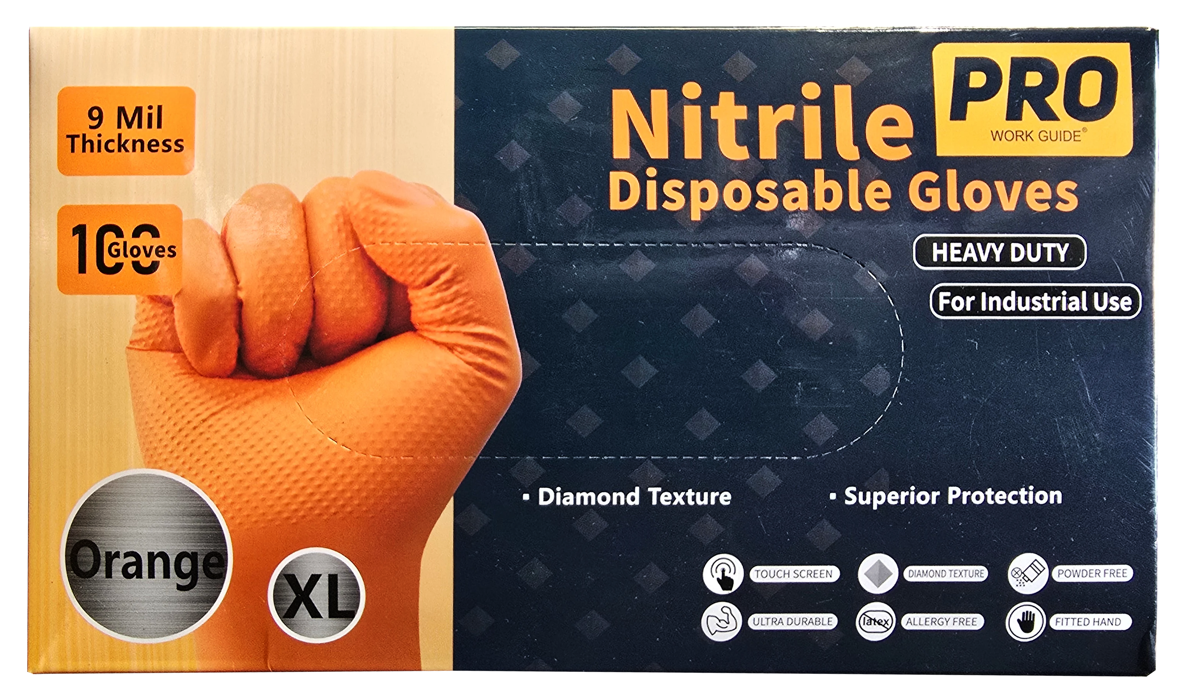 [9Mil] Black/Orange Diamond Grip Nitrile Gloves | Box of (100)